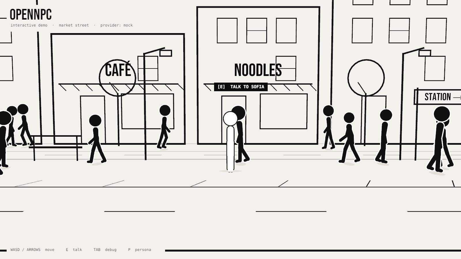 The OpenNPC street: black stickman NPCs walking past line-drawn shops